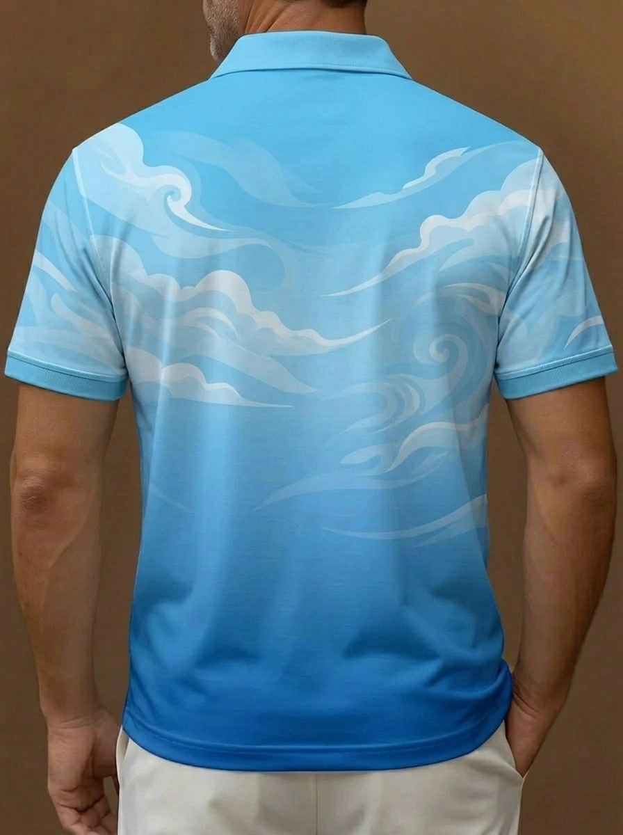 Blue White Cloud Print Short Sleeve Golf Polo Shirt