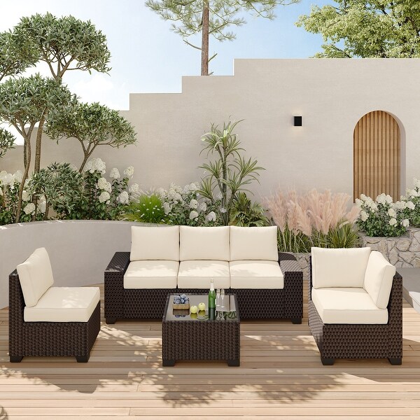 Outdoor Patio Sofa,6 Piece Rattan Furniture Set with Glass Table