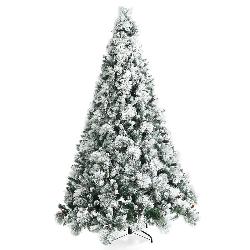 Snow-Flocked Artificial Pine Tree with Pinecones and Red Berries – Hinged Design