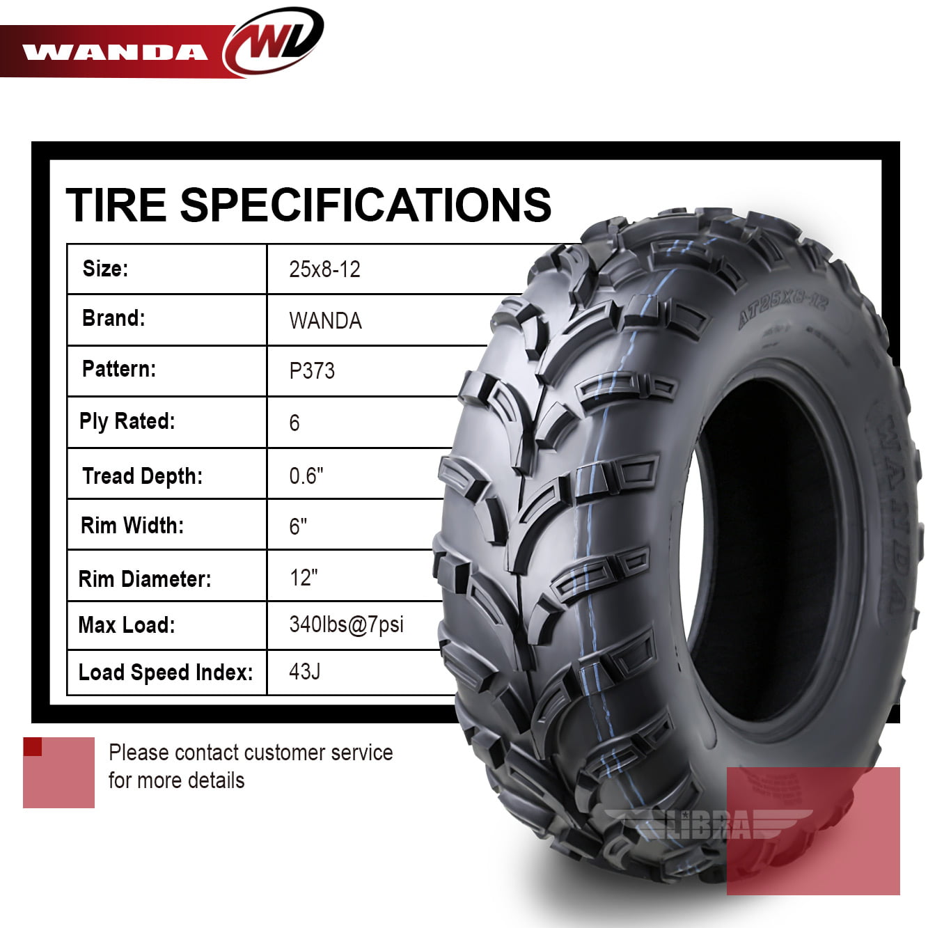 Wanda ATV/UTV Tires 25×8-12 25x8x12 /6PR P373 – 10243, Set 2