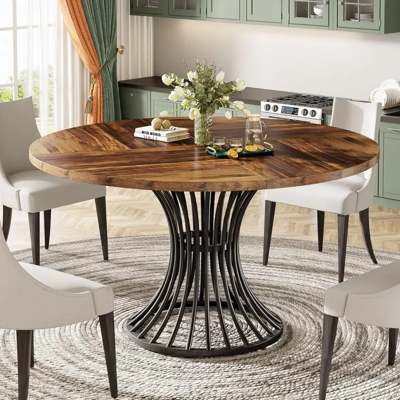 Rustic Brown Round Dining Table – 47-Inch Industrial-Style Circle Table with Metal Base, Fits 4–6 in Living Rooms or Kitchens
