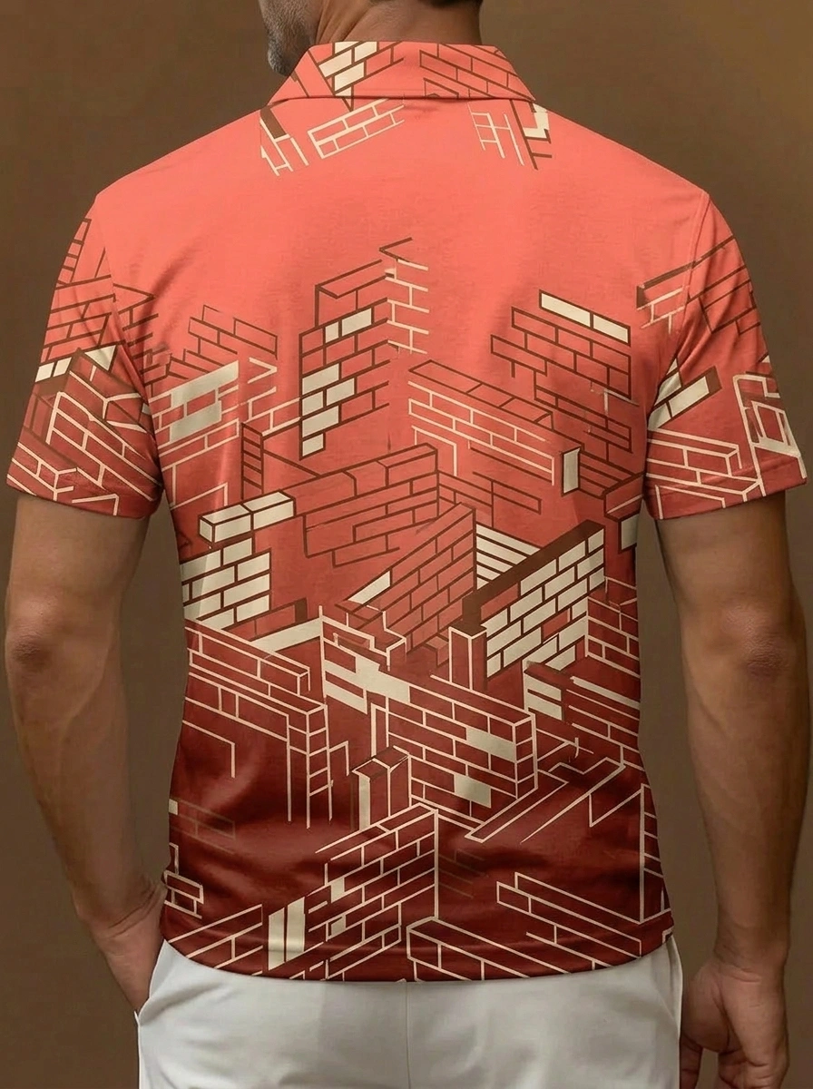 Red Brick Pattern Print Short Sleeve Golf Polo Shirt