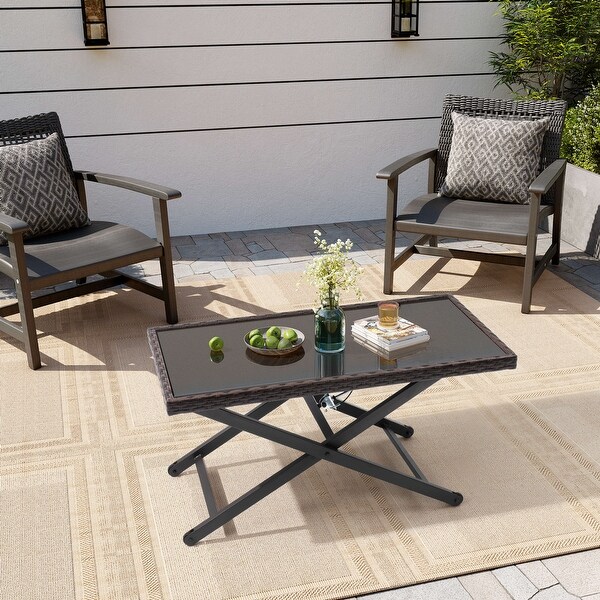 Outdoor Coffee Table Side Table Fits with Conversation Set,PE Rattan and Glass Tabletop,Adjustable Height