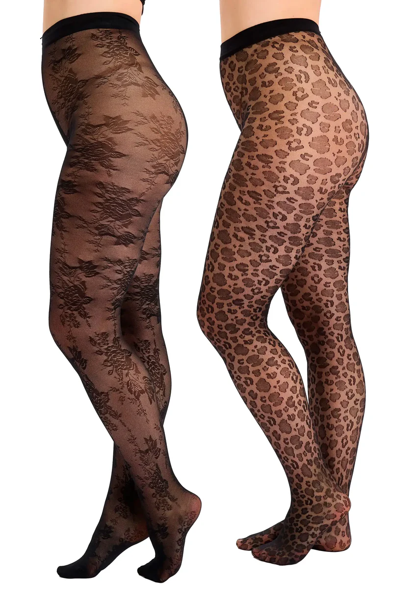 Lot de 2 collants aux motifs Léopard et Floral