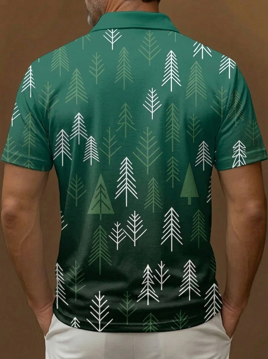 Green Gradient Pine Tree Print Short Sleeve Golf Polo Shirt