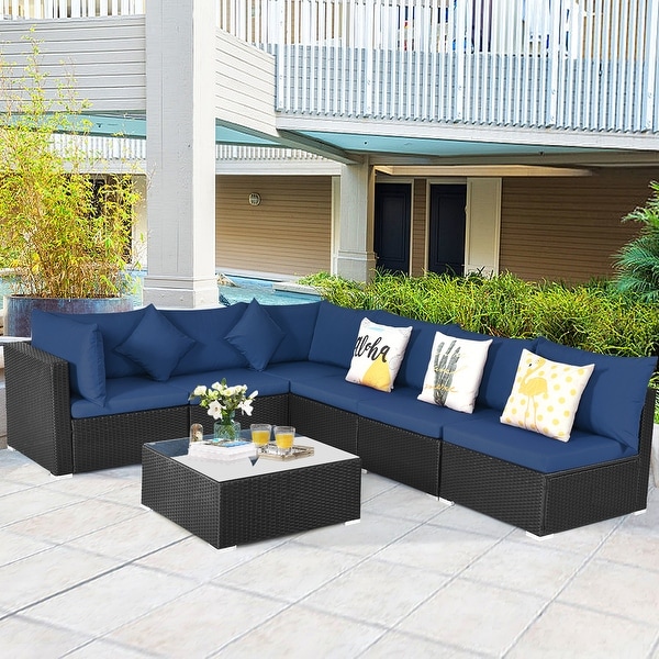 Gymax 7PCS Rattan Patio Conversation Set Sectional Furniture Set w/