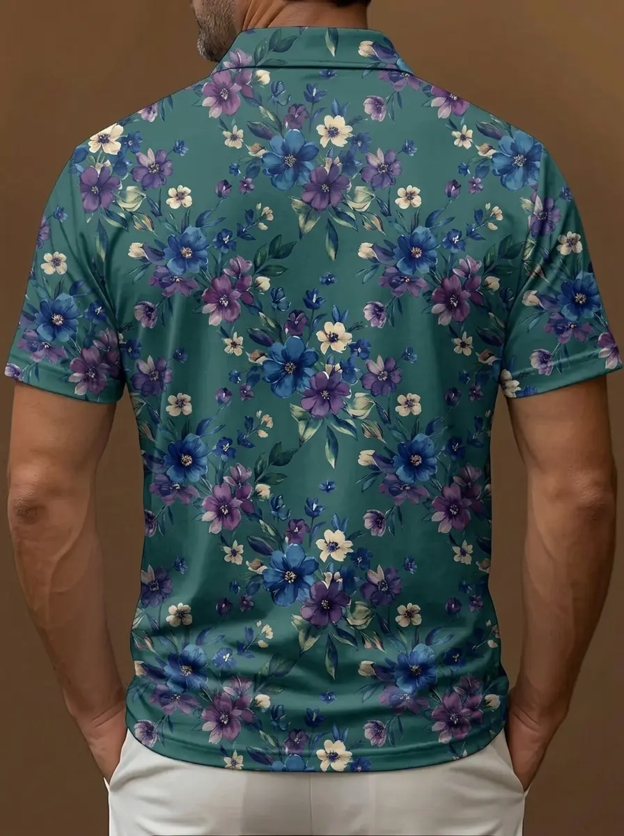Teal Blue Purple Floral Print Short Sleeve Golf Polo Shirt