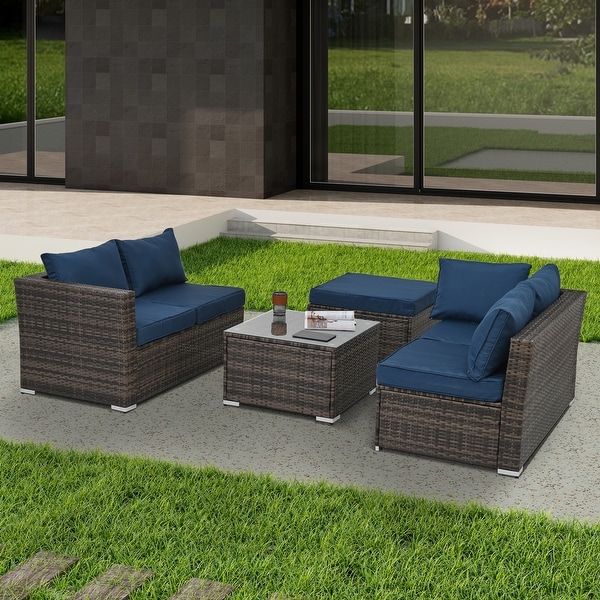 4Piece Patio Conversation Wicker Furniture Set,Sectional Sofa Set with Tempered Glass Coffee Table,Sofa Chair and Ottoman Sets