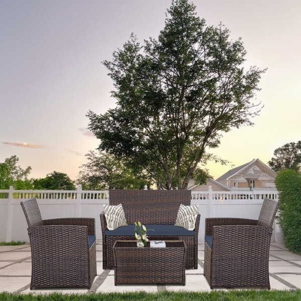 4 PCS Wicker Patio Conversation Set Rattan Seating Sofa Chair