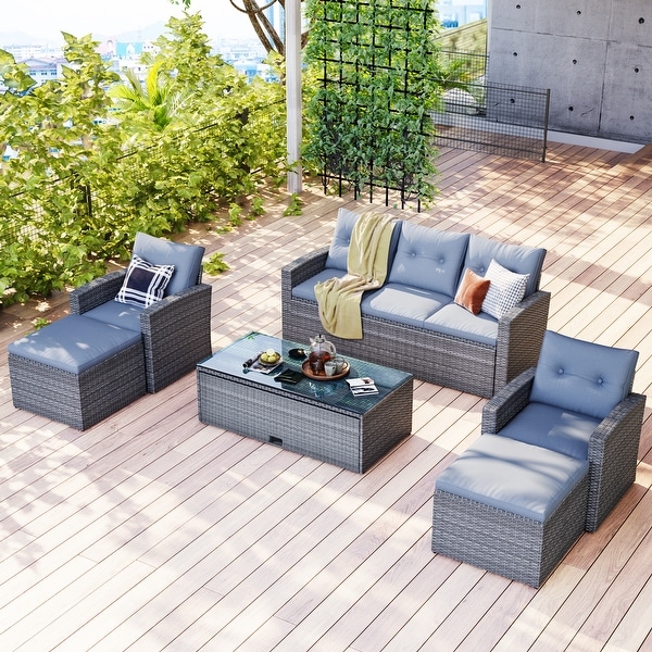 6 Piece Outdoor Patio Furniture Set,Rattan Wicker Sofa Sectional Set with Coffee Table,Ottomans and Removable Cushions,Gray