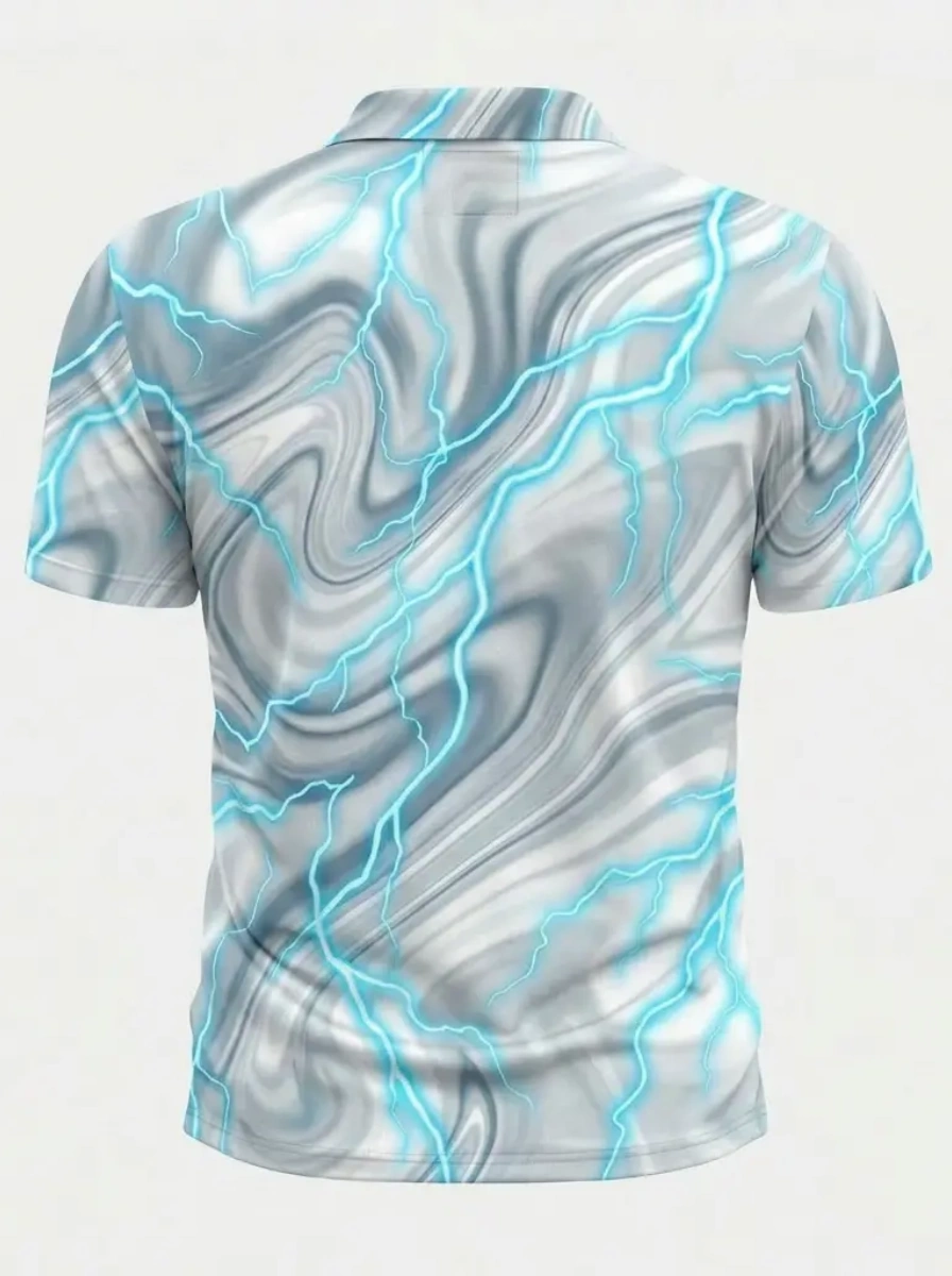 Moisture Wicking Golf Polo 3D Gray Marble Blue Lightning Print Button Short Sleeve Golf Polo Shirt