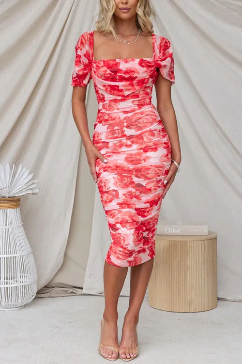 Elegant Off Shoulder Ruched Floral Midi DressClistos