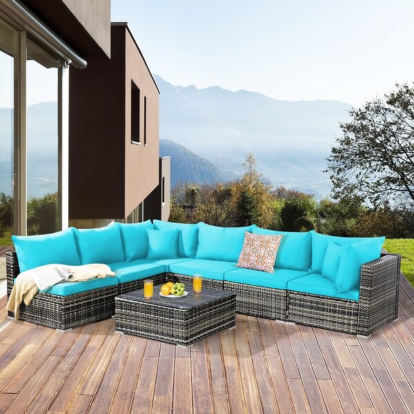7PCS Patio Rattan Furniture Set Sectional Sofa Garden Cushion
