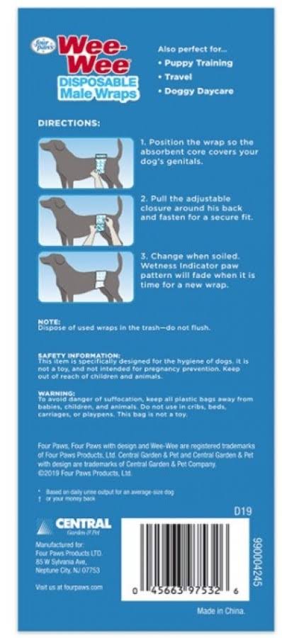 108 Count (3 x 36 ct) Four Paws Wee Wee Disposable Male Dog Wraps X-Sm