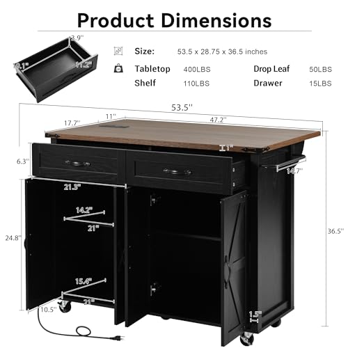 Kitchen Island Cart With Power Outlet, 2 Doors, Drop Leaf, Spice Rack, 2 Drawers - Rolling Storage Cart on Wheels for Home and Dining Room - White, 53.5