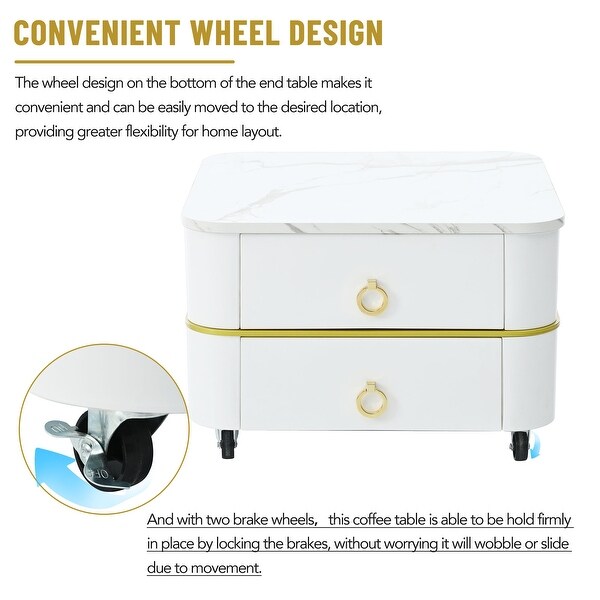 Mieres Stackable Coffee Table,Nesting Tables with Brown Tempered Glass,Wheels and Drawers and High Gloss Marble Grain Top