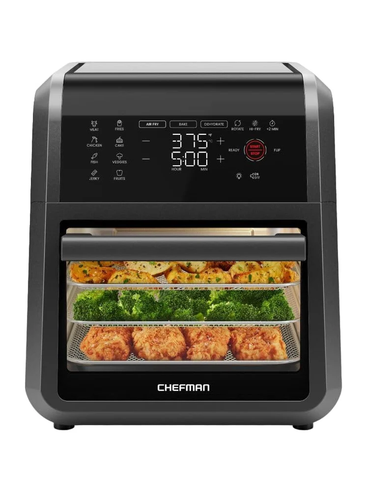 CHEFMAN Multifunctional Digital Air Fryer+ Rotisserie, Dehydrator, Convection Oven, 17 Touch Screen Presets Fry, Roast, Dehydrate, Bake, XL 10L Family Size, Auto Shutoff, Large Easy-View Window, Black