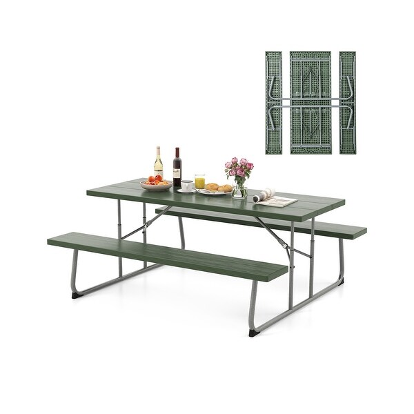 Folding Picnic Table Set with Metal Frame and AllWeather HDPE Tabletop,Umbrella Hole