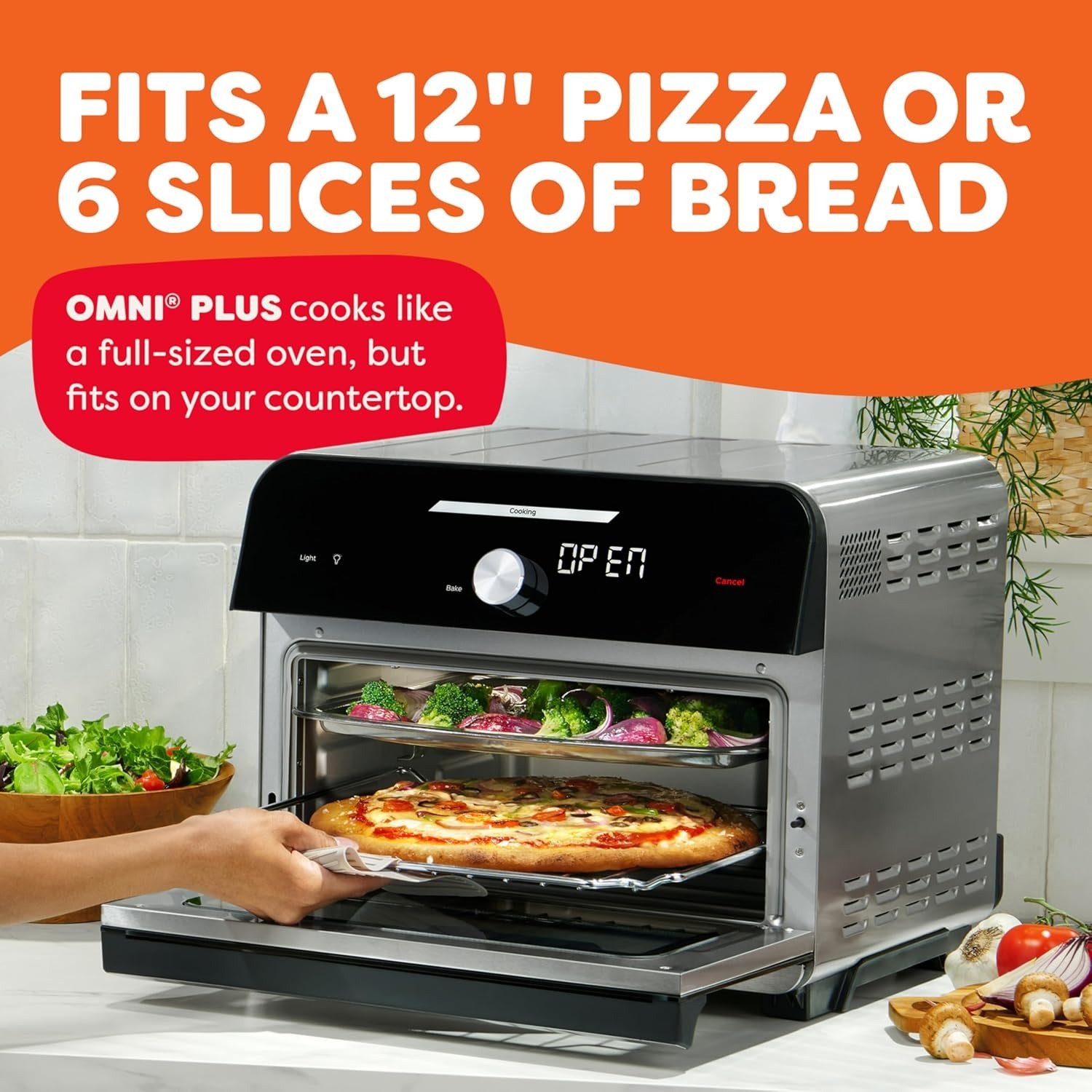 19QT 10-in-1 Air Fryer Toaster Oven, EvenCrisp+Golden Quartz Infrared, Rotisserie, Fits 12′′ Pizza, Black Stainless Steel