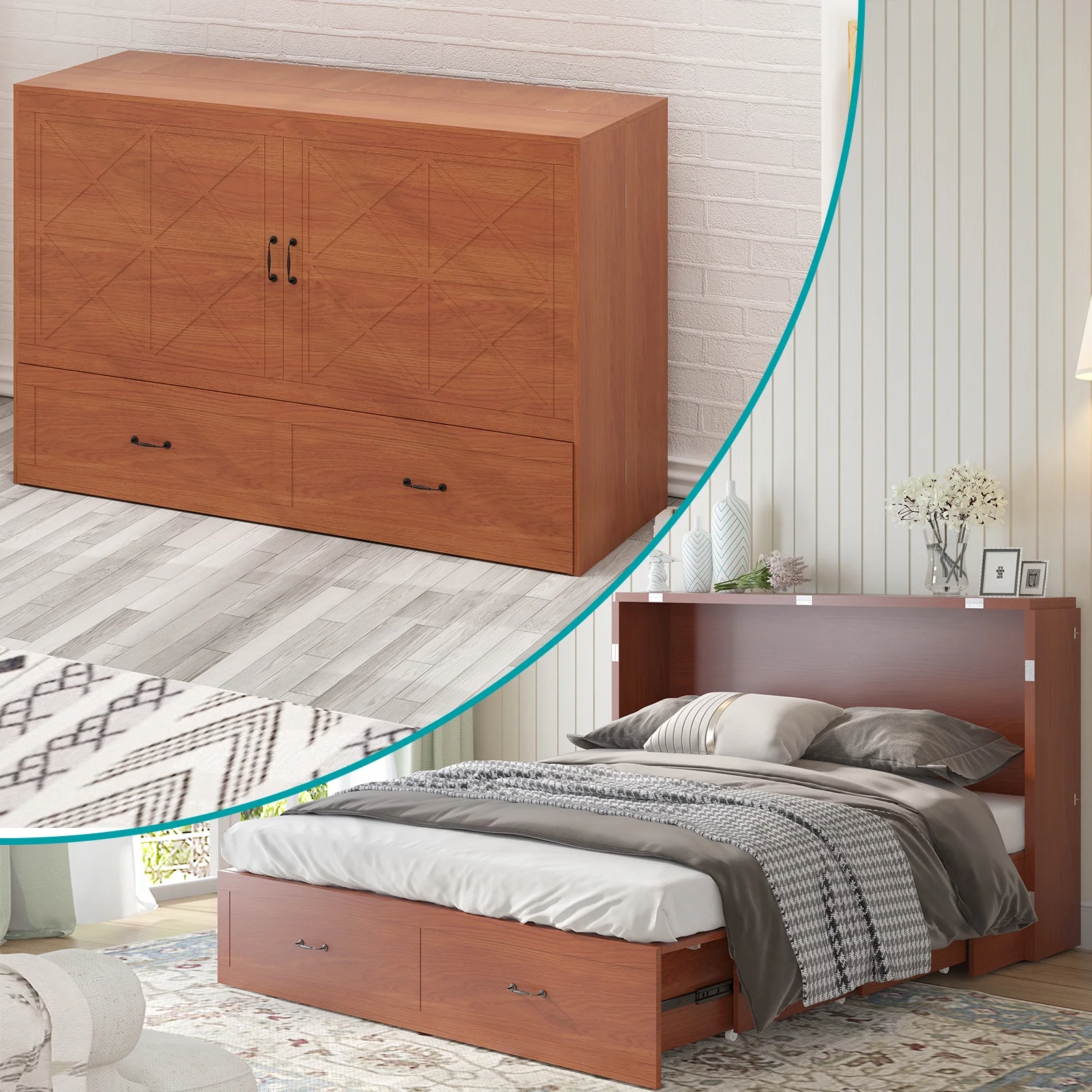 BALUS Queen Murphy Bed Cabinet, Modern Cabinet Chest Bed with Charging Station, Space-Saving Cube Murphy Bed with Folding Memory Foam Mattress & Large Storage Drawer for Bedroom（Red）