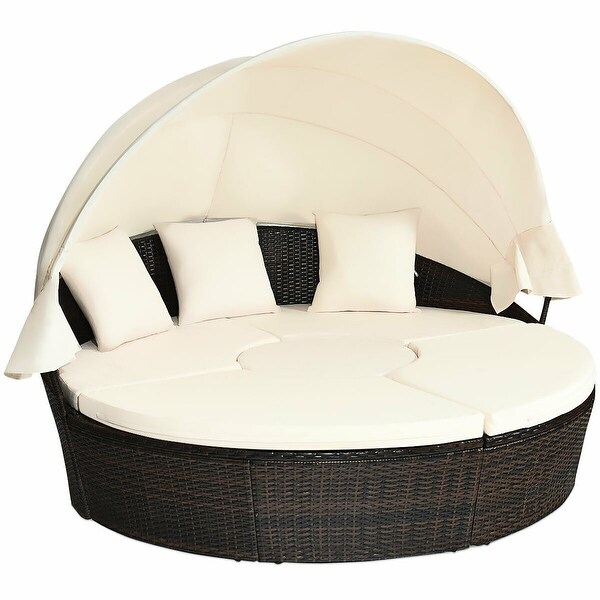Costway Patio Rattan Daybed Cushioned Sofa Adjustable Table Top Canopy