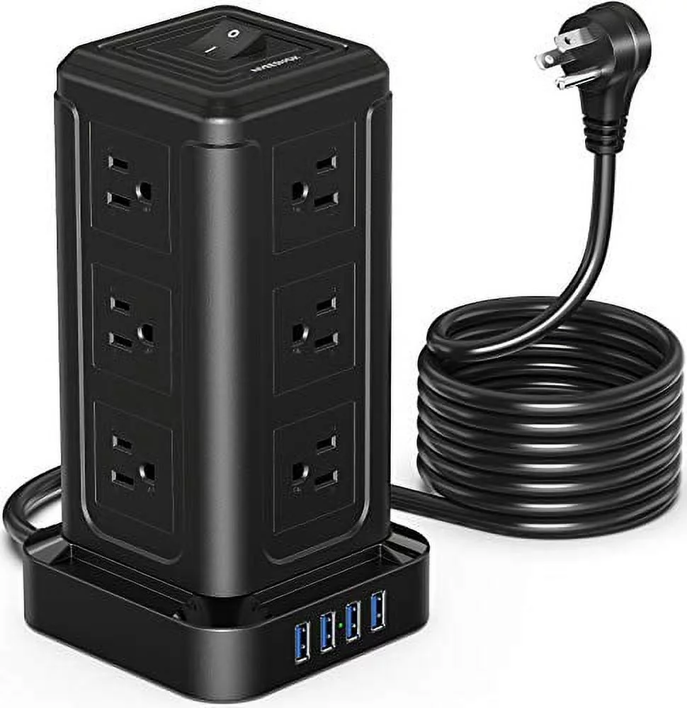 Power Strip Tower, Surge Protector Power Strip with 12 AC Outlets, 4 USB Ports and 10ft Extension Cord, Charging Station 1080J Overload Protection Fire Proof for PC Tablet Computer Home Office