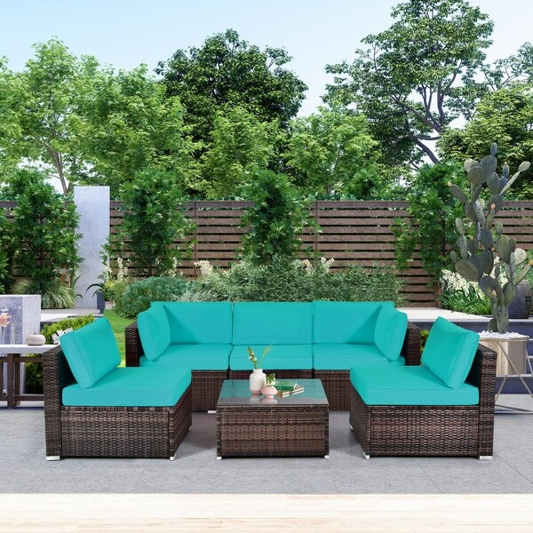 6 Pieces Patio Rattan Furniture Set with Cushions and Glass Coffee Table