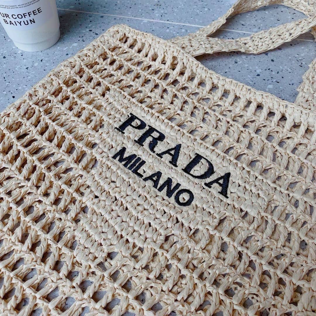 Prada Natural Crochet Logo Tote Bag Beach Bag 38 cm
