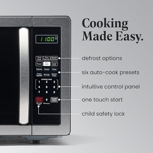 1.1 Cu. Ft. Countertop Microwave Oven – 1000 Watts Power, Auto Cook Settings, Defrost, Easy Clean and Child Safety Lock – Stainless