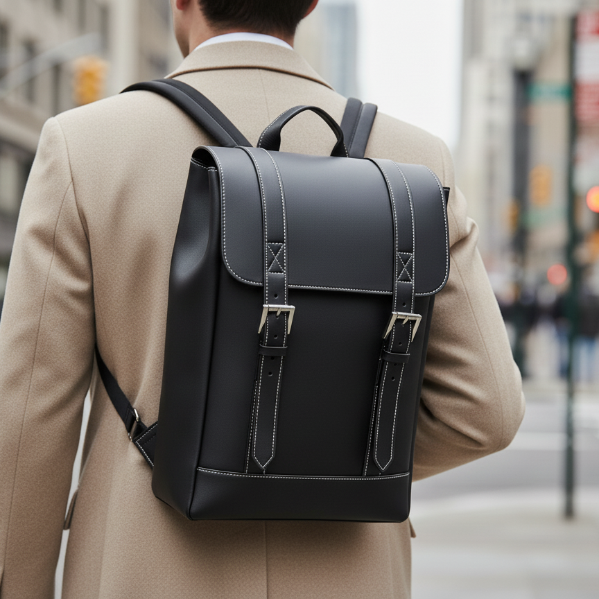Black Contrast-Stitch Leather Backpack