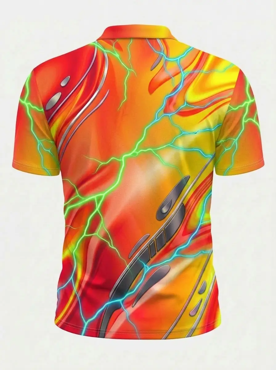 Moisture Wicking Golf Polo 3D Red Orange Green Blue Lightning Button Short Sleeve Golf Polo Shirt