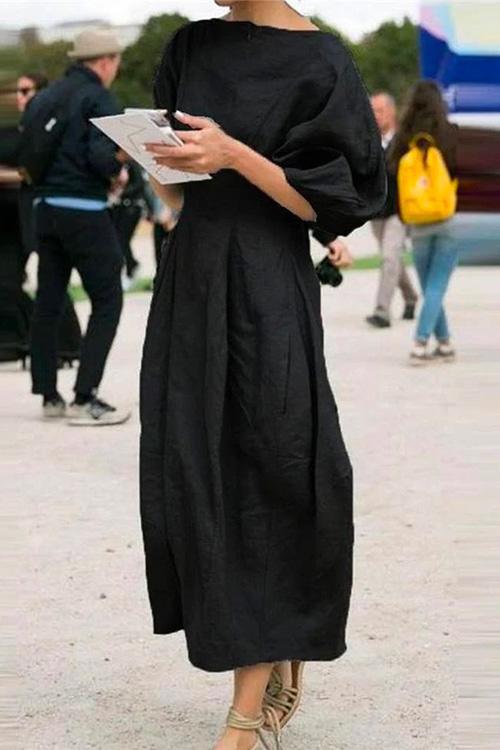 Linen Lantern Sleeve Midi DressClistos