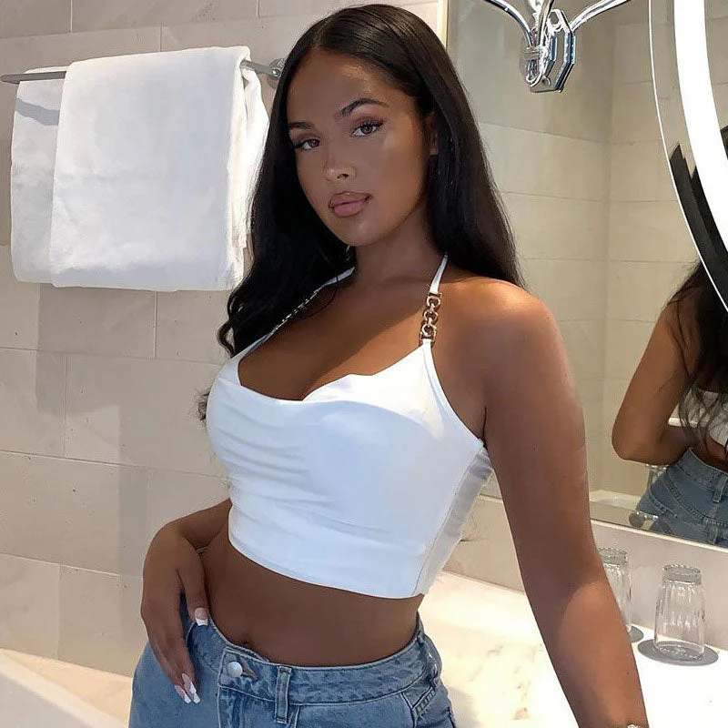 Halter Cowl Neck Crop Top with Chain DetailClistos