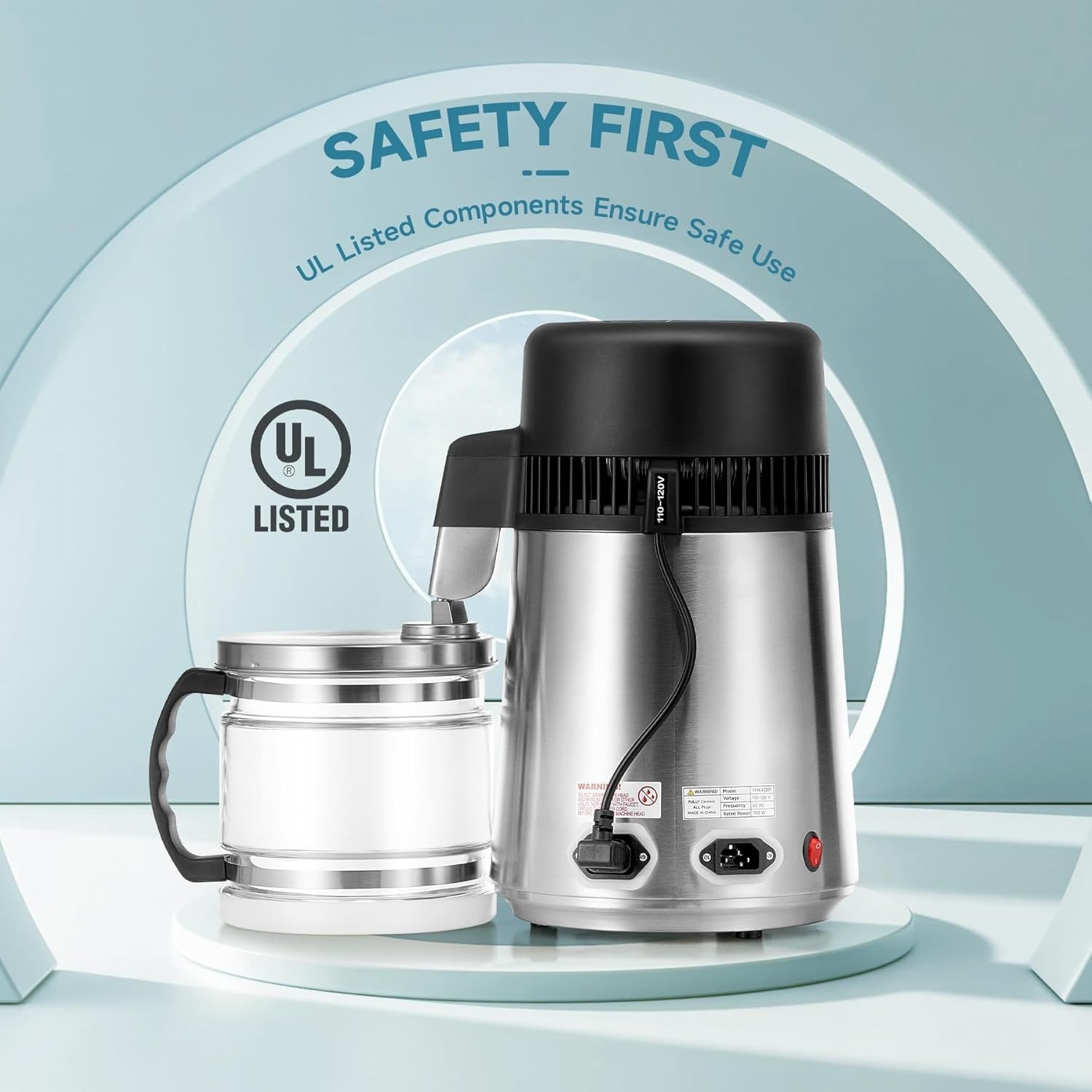 4L Brushed Stainless Steel Countertop Distiller Machine, Home Distilled Water Maker with Glass Pot, Purifier to Make Clean Water
