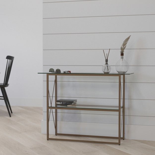 Merrick Lane Console Table Modern Clear Glass Sofa Table With Gold Crisscross Frame And 2 Tempered Glass Shelves