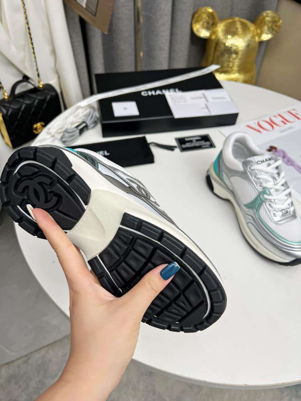 Chanel 23C Silver Metallic Cc Logo Lace Up Flat Runner Trainer Sneaker White Turquoise
