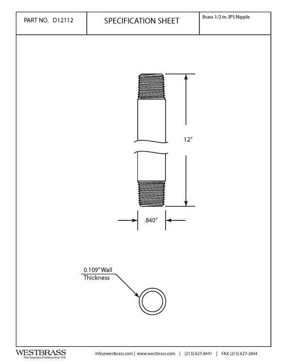 Westbrass D12112-03 1/2x22 x 12x22 IPS Pipe Nipple Polished Brass