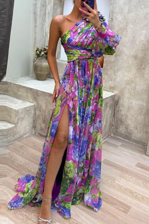 One Shoulder Floral Maxi Dress with High SlitClistos