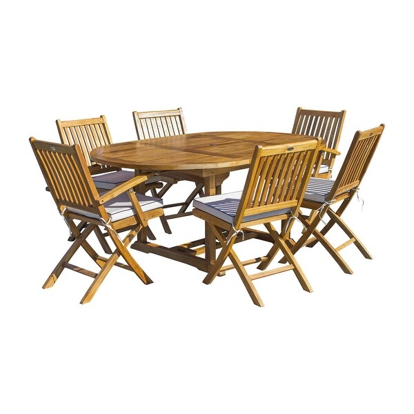 Seven Seas Teak 7 Piece Teak Wood San Diego Patio Dining Set with Round to Oval Extension Table,2 Arm Chairs and 4 Side Chairs