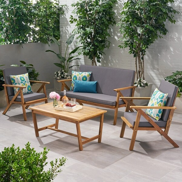 4Piece Modern Style Chat Set With Coffee Table,Patio Outdoor Furniture Wood+Waterproof Fabric Material,Teak