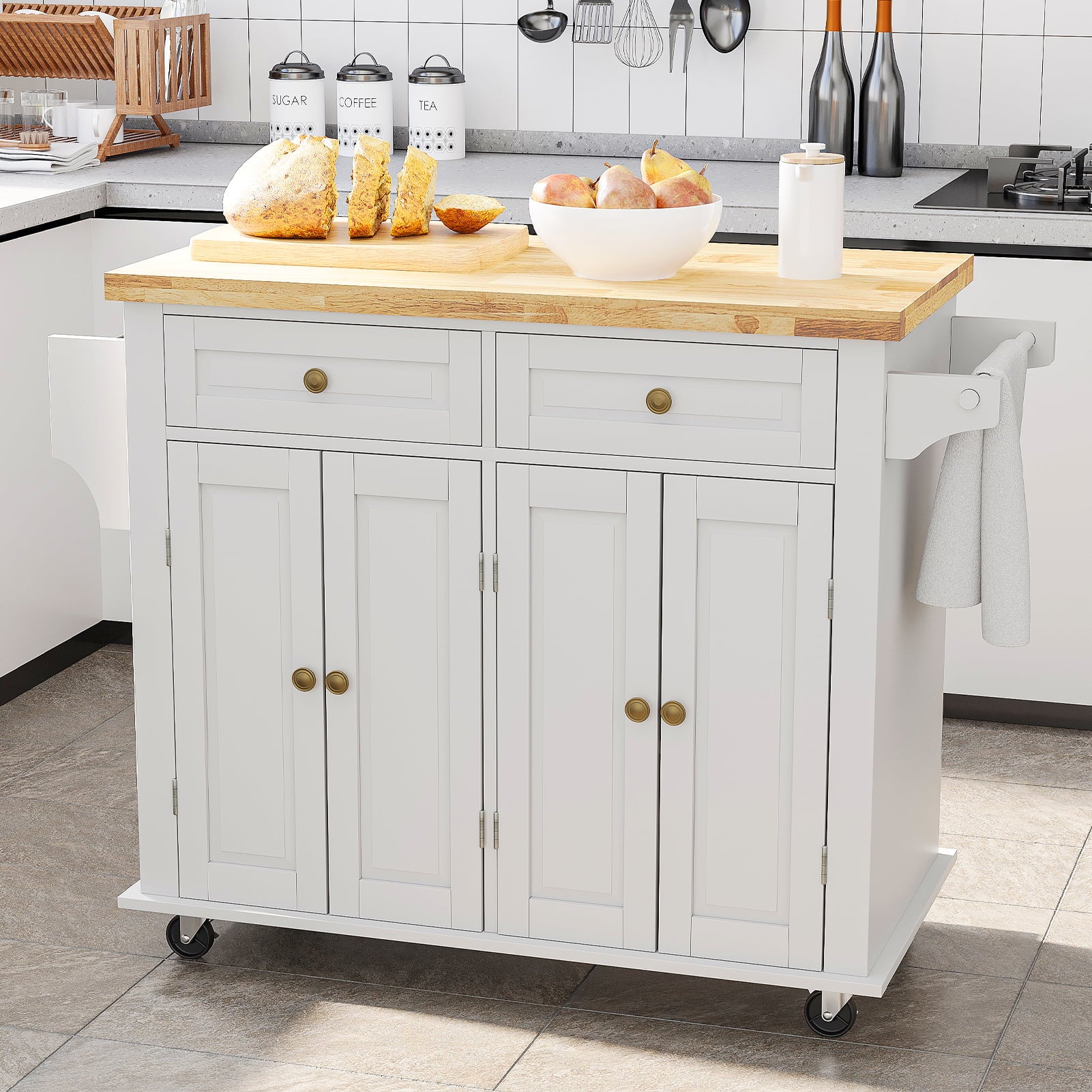 CAIDI Rolling Kitchen Island, Kitchen Cart with Rubber wood Countertop, Lockable Casters, Adjustable Shelves, Matte(White-43.3