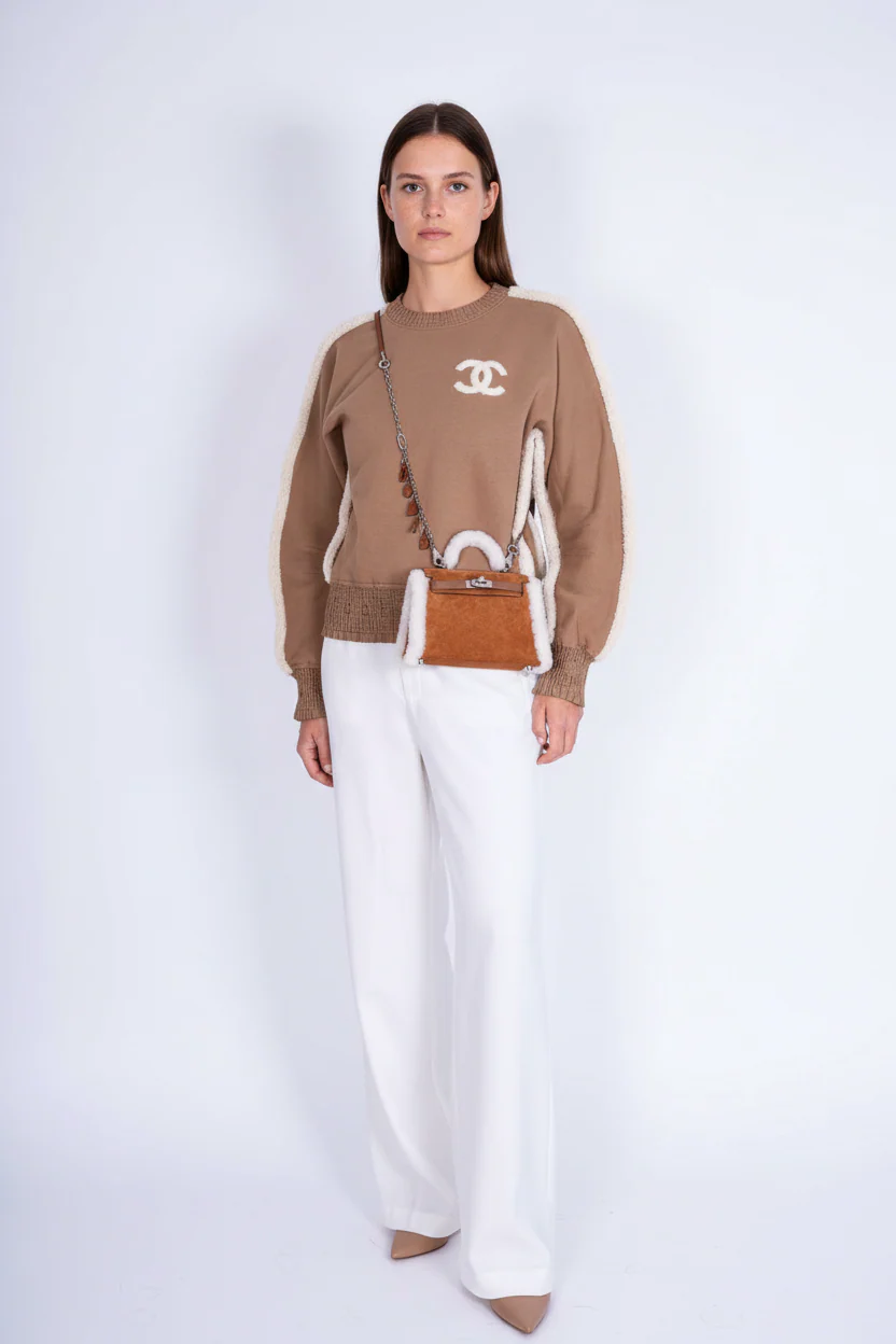 Hermès Teddy Mini Kelly 20 Chamois Grizzly, Alezan Swift and Ecru Mouton Shearling Palladium Hardware