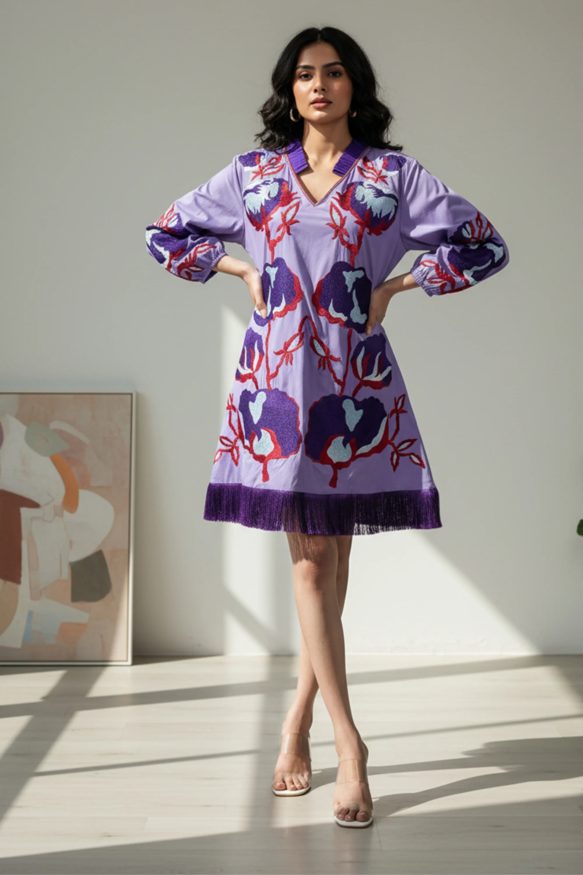 Purple Pleated Collar Embroidered Cotton Dress