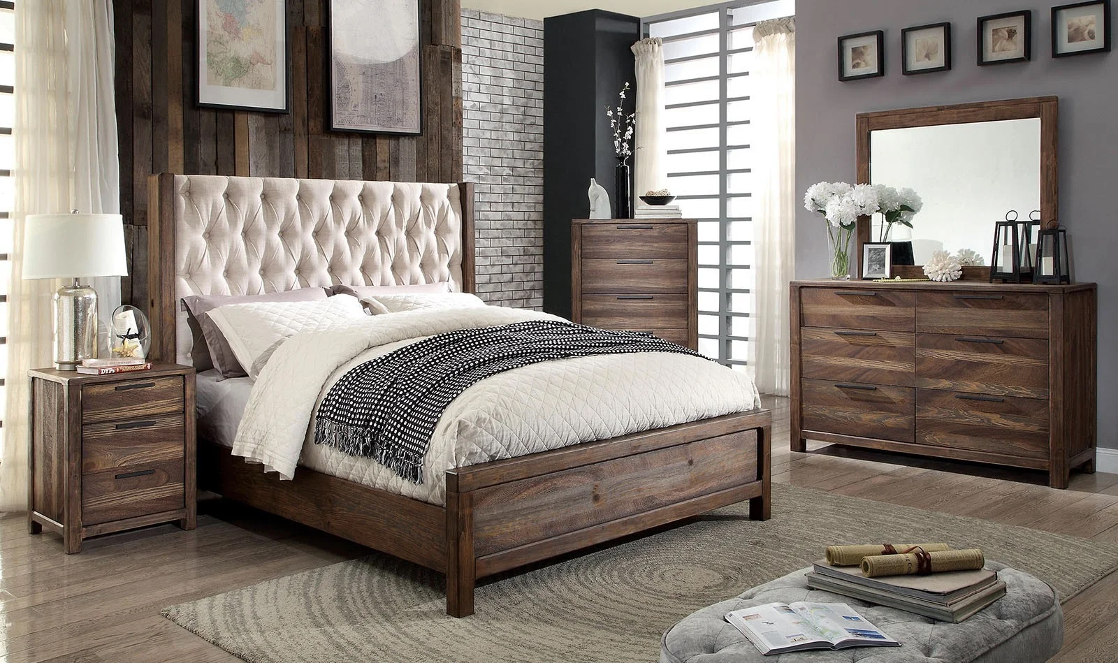 Transitional Rustic Natural Tone 5pc Bedroom Queen Size Bed Dresser Mirror Nightstand Chest Furniture Solid wood