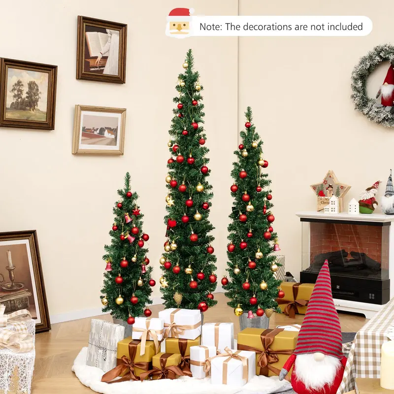 Slim Pencil-Style Pre-Lit Christmas Tree Trio — 3 ft, 4 ft, and 5 ft with 423 Branch Tips and 230 Warm White LEDs