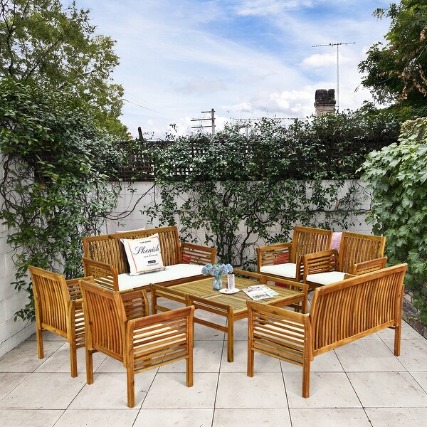 Costway 8 PCS Outdoor Acacia Wood Sofa Furniture Set Cushioned Chair
