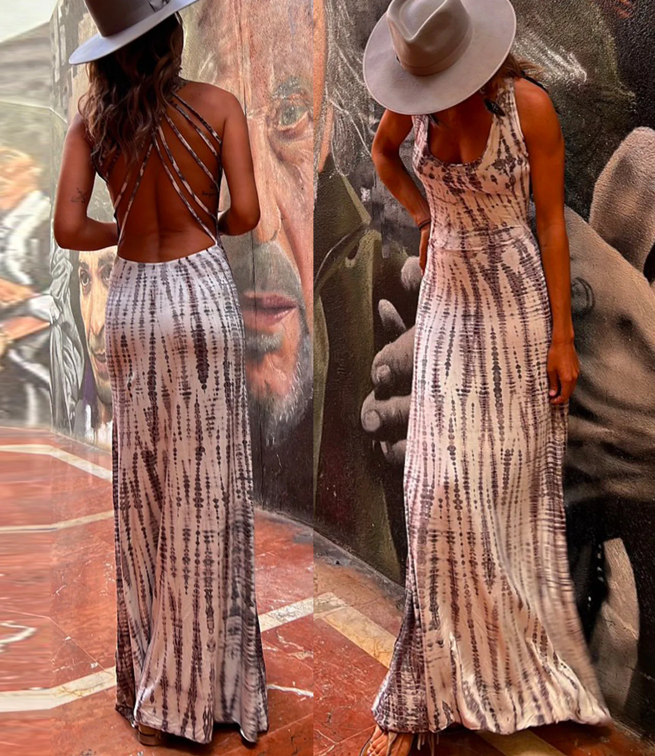 Criss Cross Back Maxi Dress | Tie Dye A-Line GownClistos