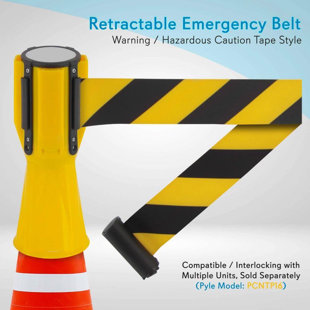 Pyle PCNTP16X4 4-pc Traffic Cone Emergency Belt - Retractable Traffic Cone Hazard Warning Tape Barrier Belt, High-Visibility w/