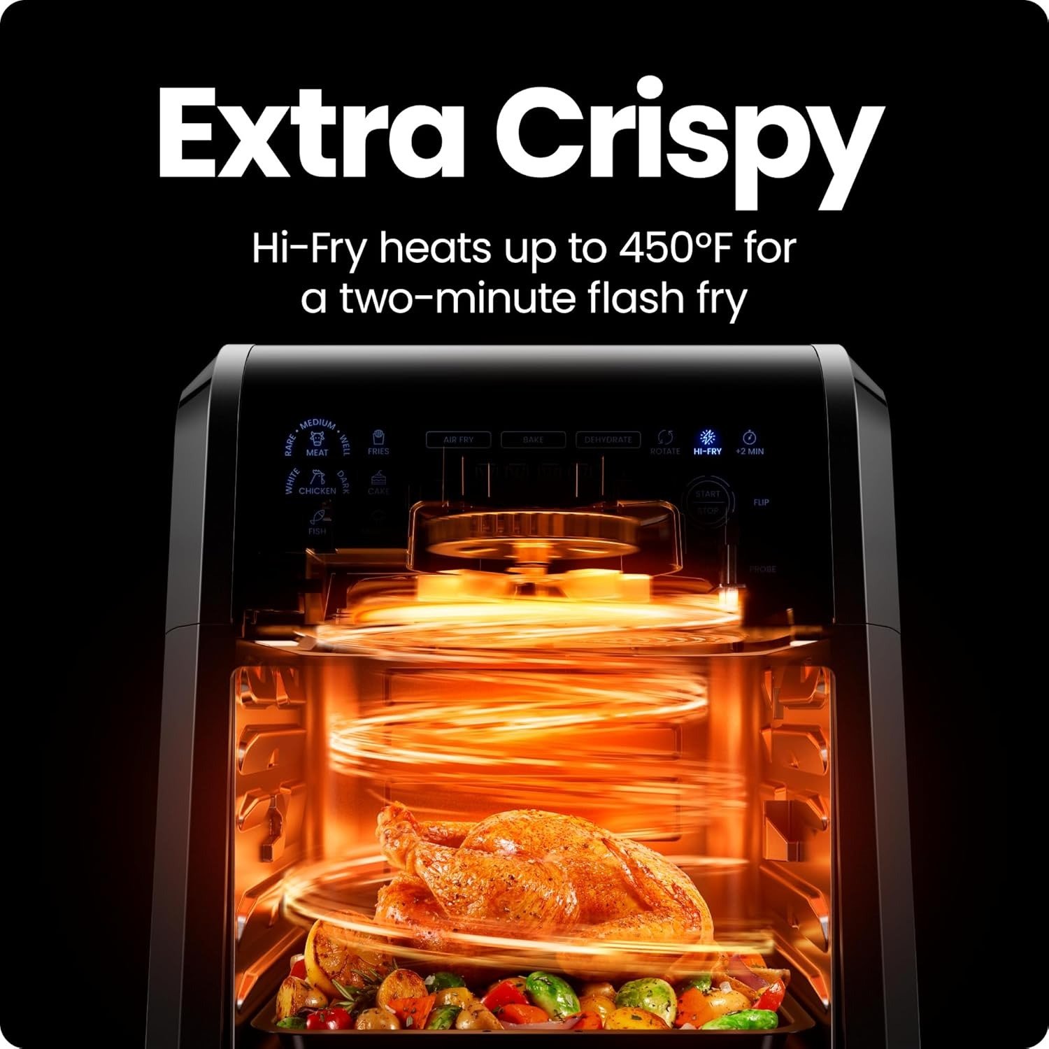 12QT 6-in-1 Electric Air Fryer, Integrated Smart Thermometer, 28 Touch Presets, Rotisserie, Convection Oven, Black