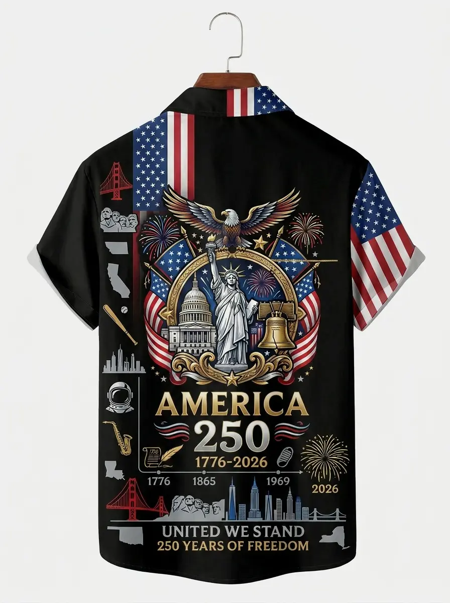 Men's printed shirts, America 250 United We Stand Landmarks Hawaiian Shirt